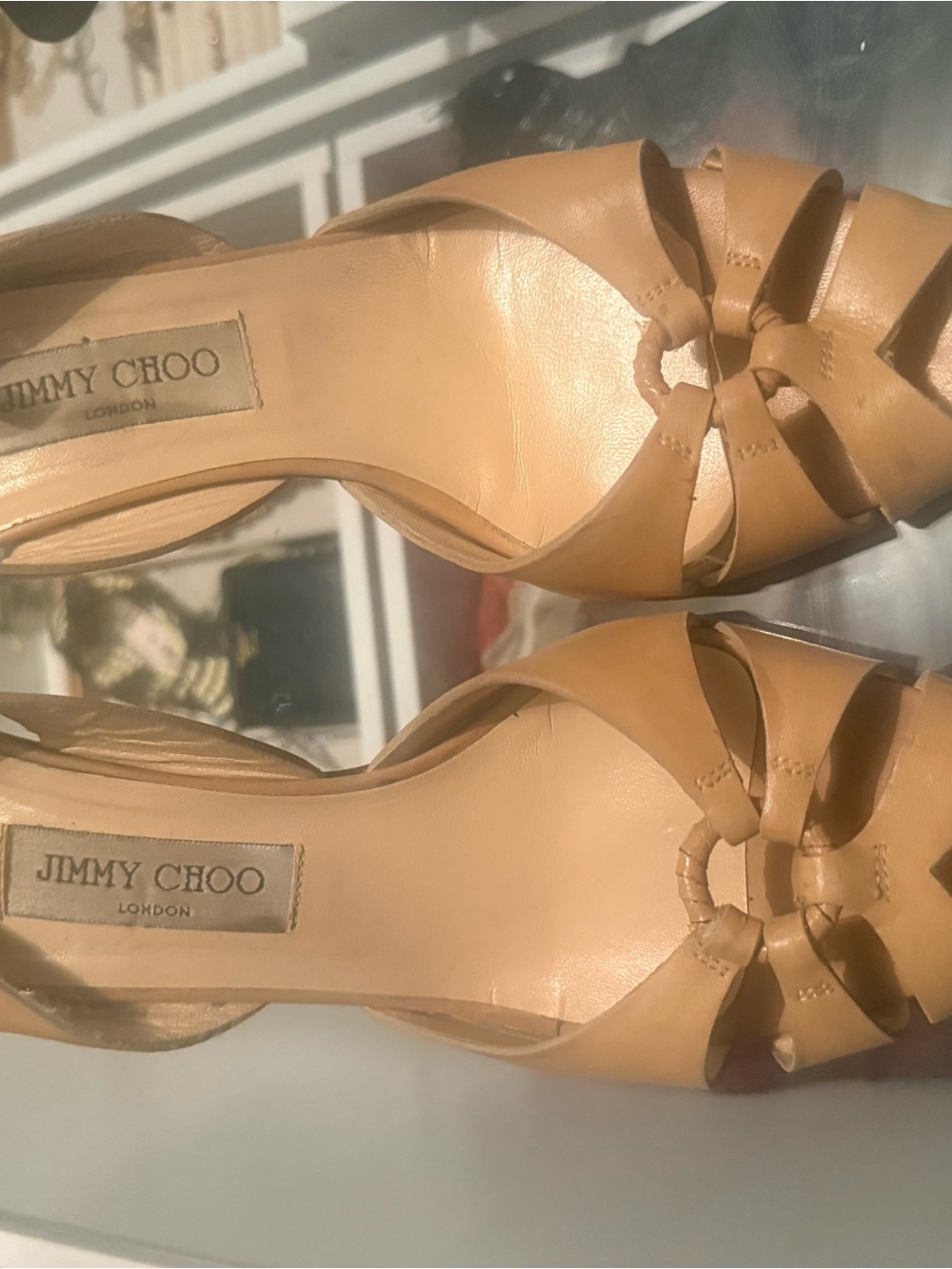 Jimmy Choo Tan Leather Peep-Toe Knot Front Heels